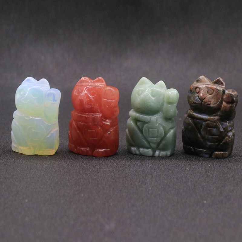Conjunto de enfeites de escultura em jade de cristal de gato de 290-2 polegadas, artesanato em pedra preciosa em caixa de cores mistas.