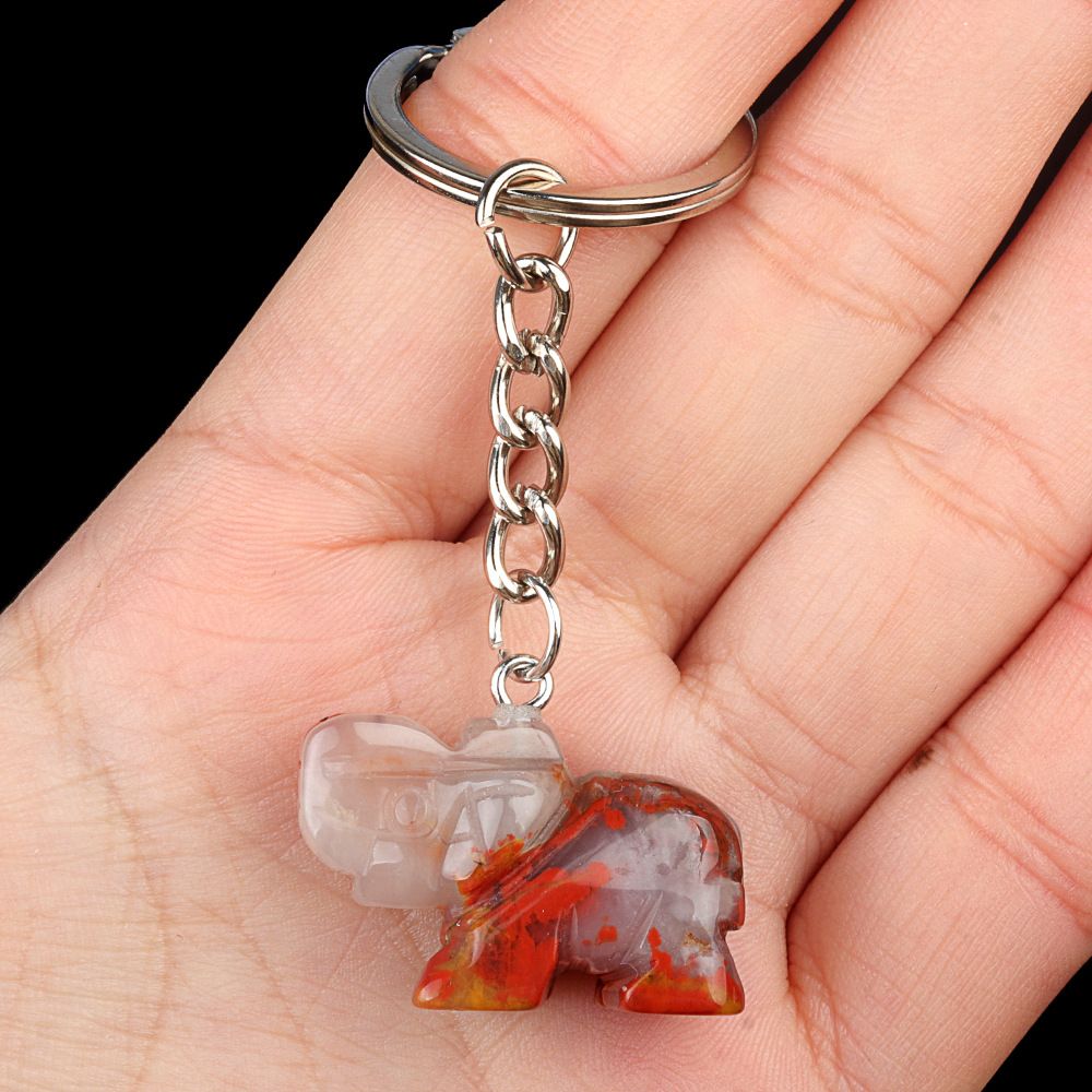 Pingente de chaveiro de elefante de cristal natural de ágata de escultura de pedra de elefante
