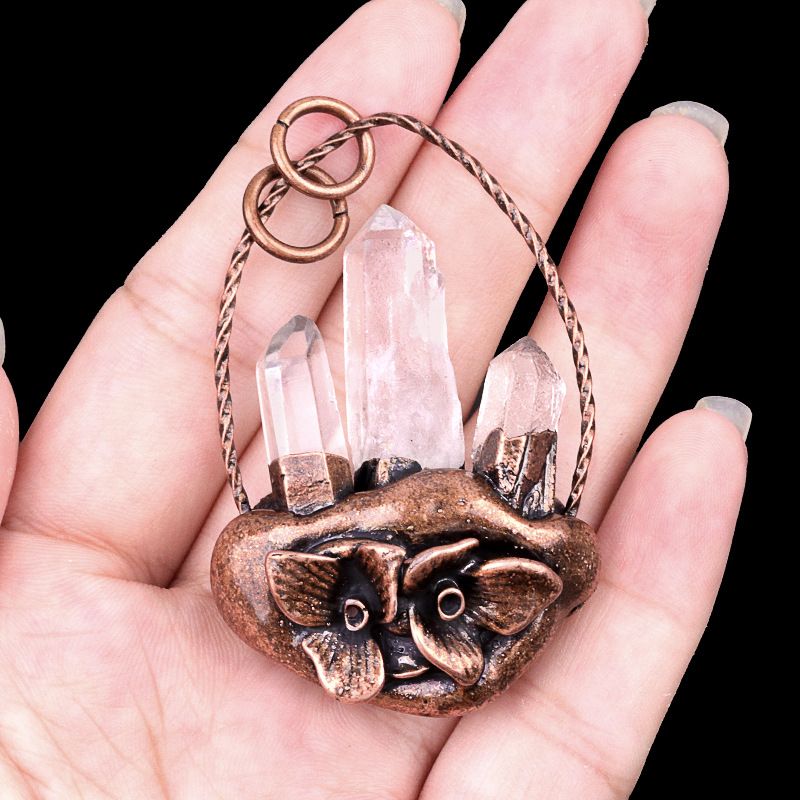 2010-Pingente de cesta de flores de cristal branco natural com três pedras ásperas, colar de cristal retro embutido pingente de jóias DIY