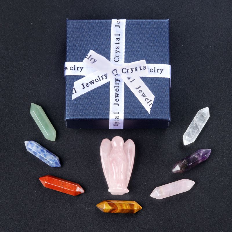 1746-Pink Crystal Angel Colorful Hexagonal Pillar Set, Irregular Seven-Pulse Rolling Stone 7 Set Gift Box - Menor Preço em Brasil
