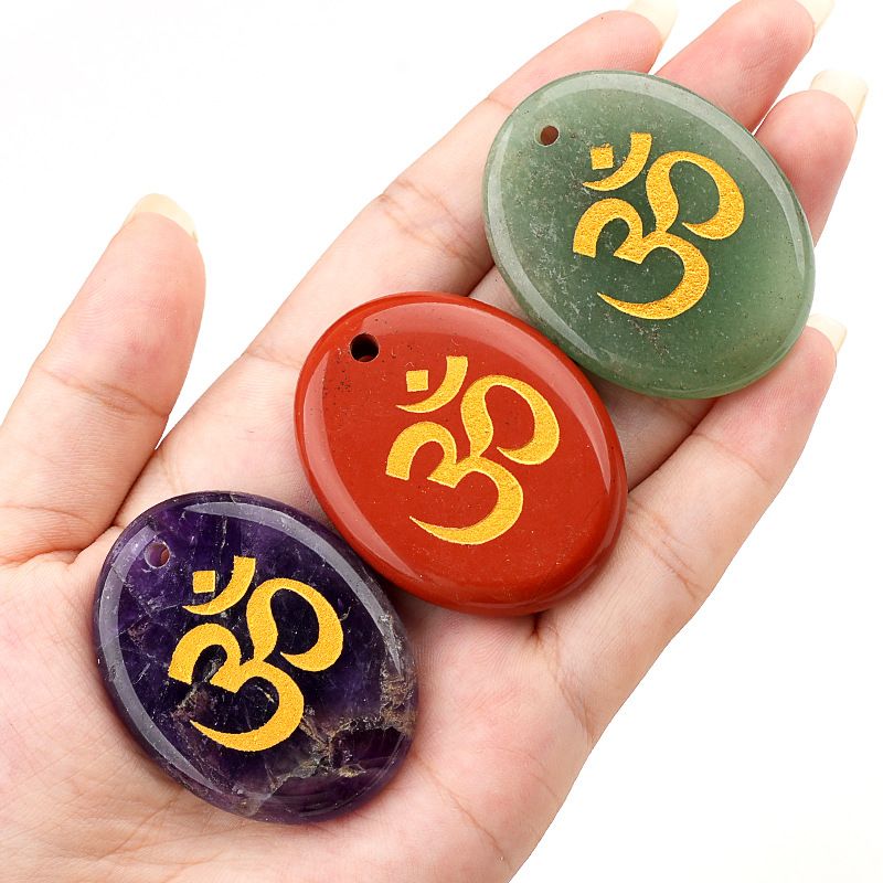 2338-Letras de ágata de cristal natural OM símbolo palma pedra yoga runa DIY chaveiro pingente acessórios