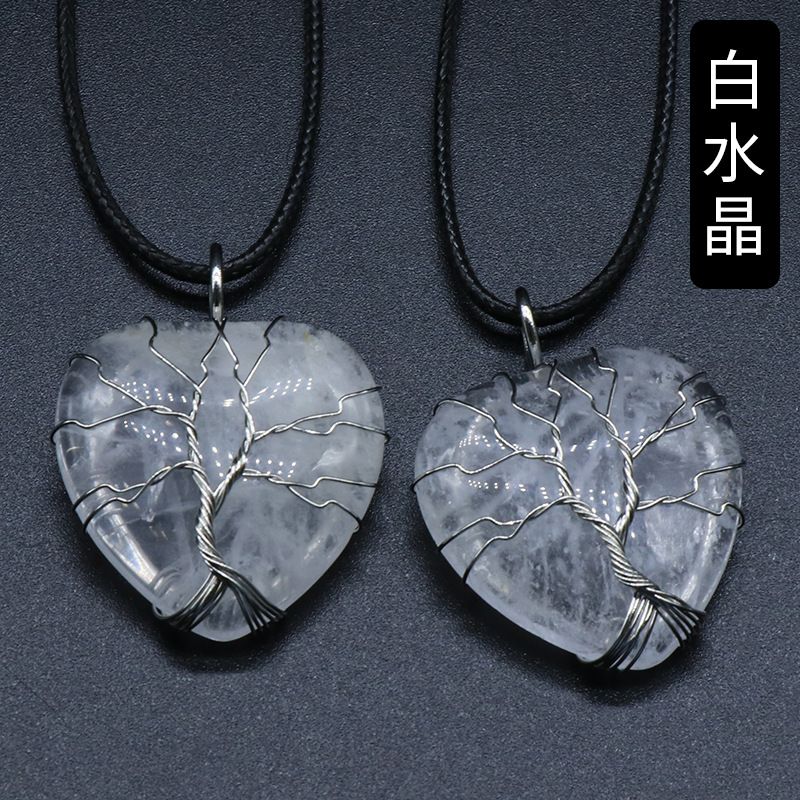 Pingente de árvore da vida de cristal em pó, verde Dongling ametista pedra amor enrolamento colar de árvore da vida de seda