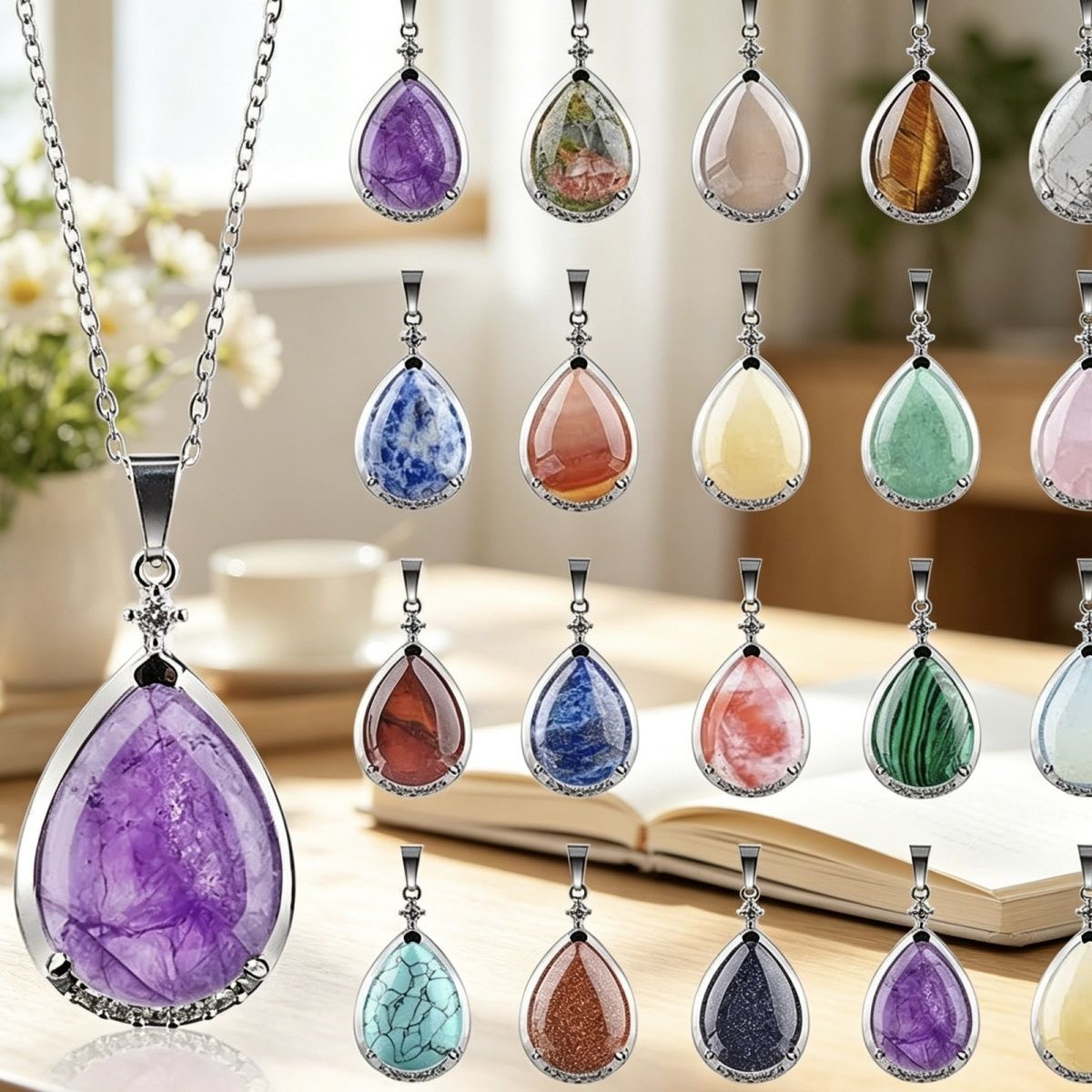 Pingente de gota de água de cristal natural popular com corrente de clavícula incrustada de cobre diamante colar de gota de água de ametista natural