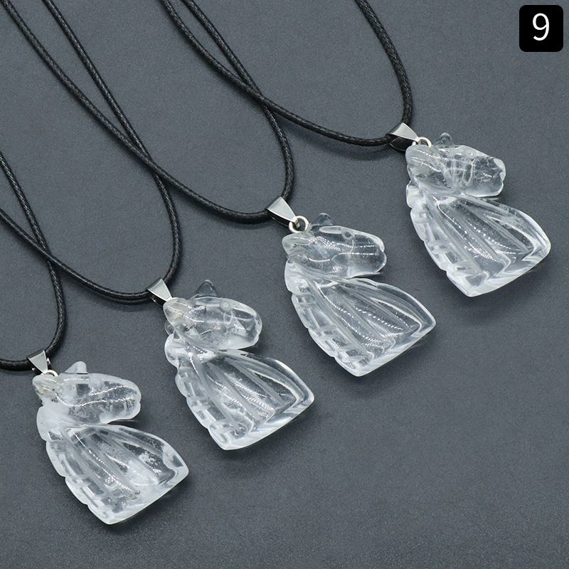1422-Colar de pingente de unicórnio gravado em cristal natural unicórnio, pingente de unicórnio de cristal rosa olho de tigre
