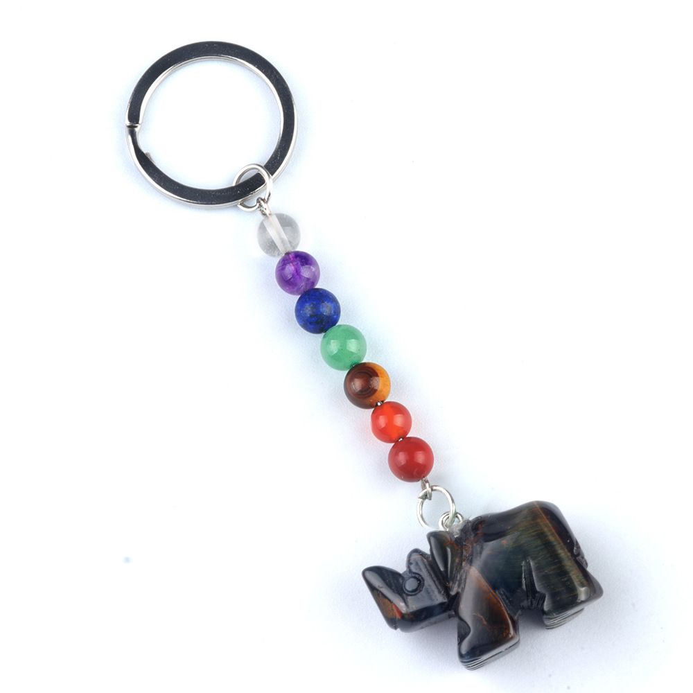 1960-Chaveiro de rinoceronte de pedra de cristal colorido, pingente de jóias de chakra, pingente de chaveiro de animal pequeno