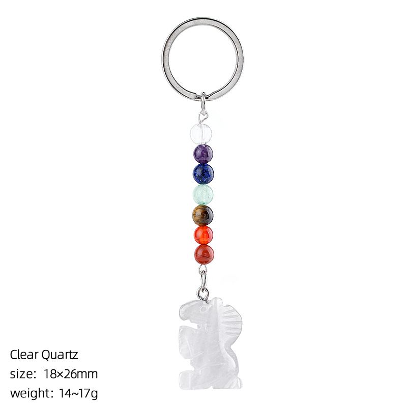 Chaveiro de pônei de jade natural, acessórios de chakra de contas redondas coloridas, pingente de pônei de ágata de cristal gravado.