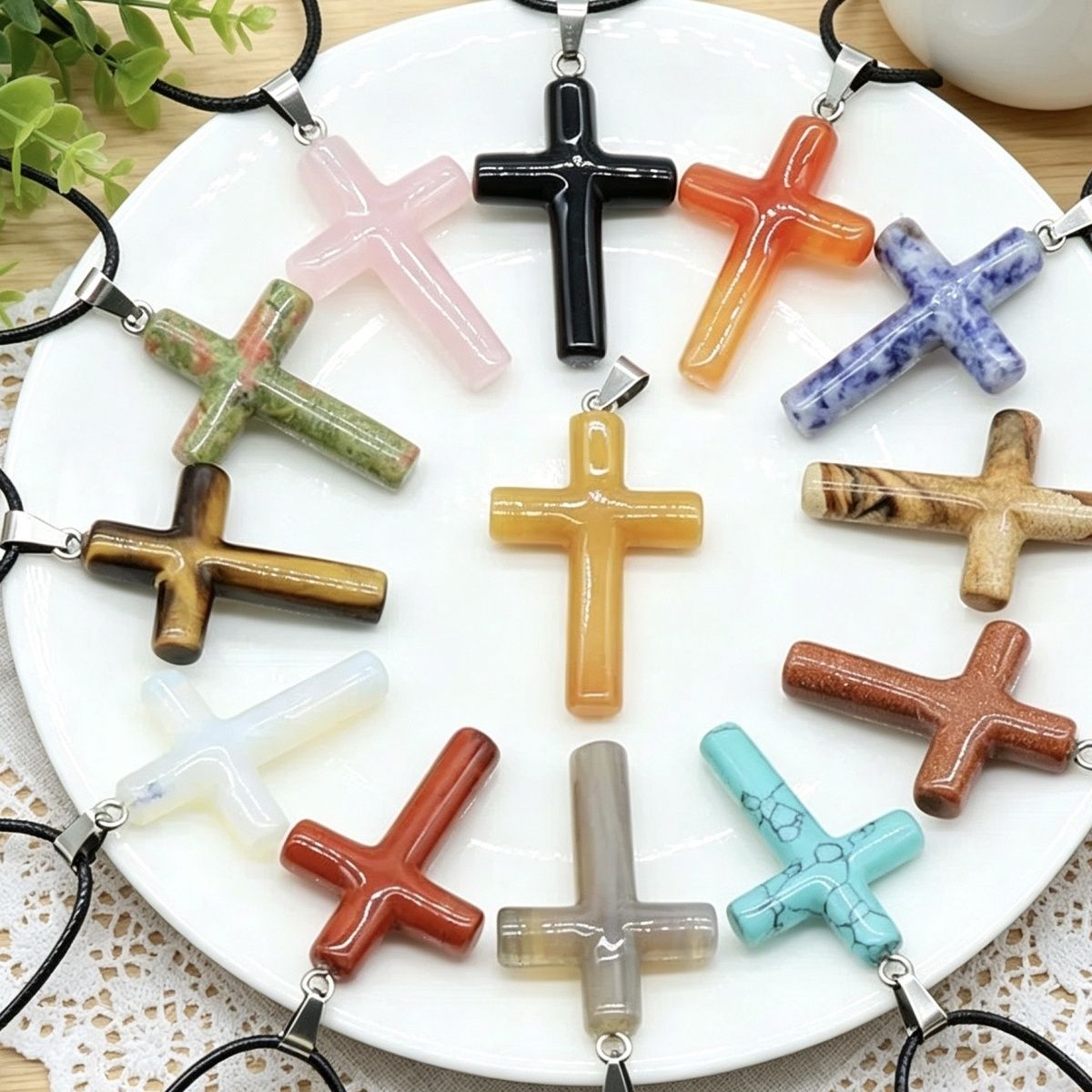 1488-Cristal Natural 40mm Pingente de Cruz Redonda Grande DIY Colar Pingente Chaveiro Jóias