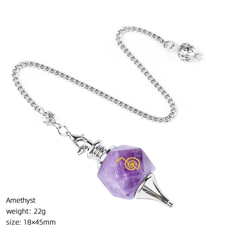 Pingente de pêndulo de cristal natural Gravura geométrica Runa Yoga Meditação Freqüência ajustável Pêndulo de pedra natural