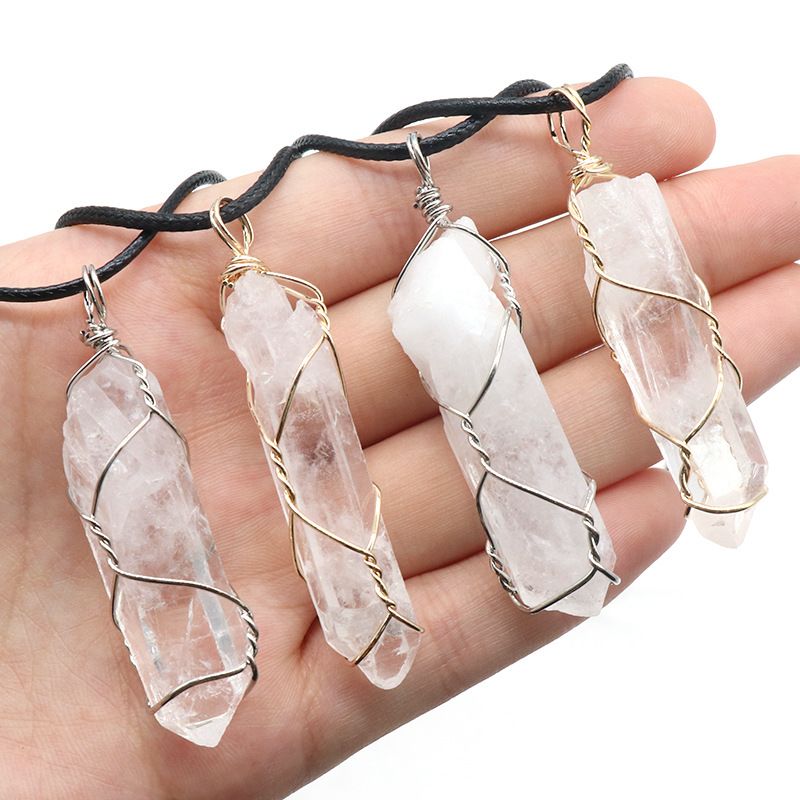 Coluna de cristal de pedra áspera de quartzo transparente 1448 pingente de enrolamento irregular ouro prata colar de cristal branco