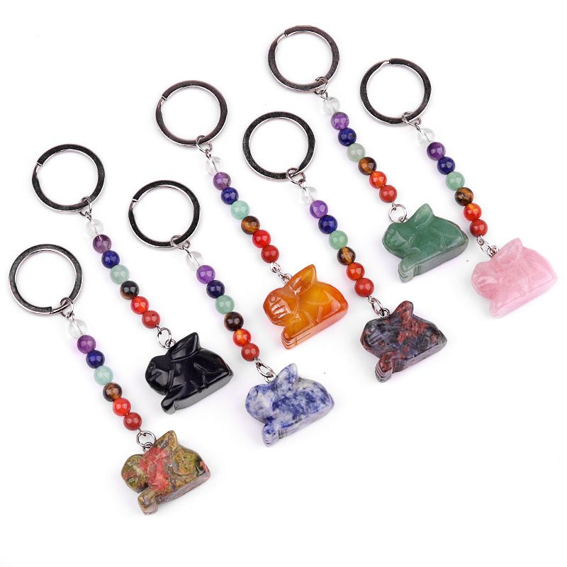 2011-Chaveiro de coelho de pedra de cristal colorido, pingente de jóias de chakra, pingente de chaveiro de animal pequeno.