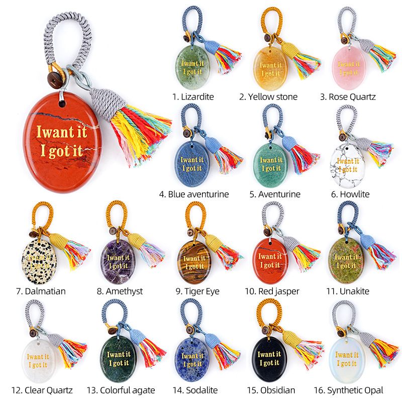 2454 Chaveiro de pedra de cristal natural com letras de ágata pingente de carro, pingente de bolsa de pedra mindfulness.