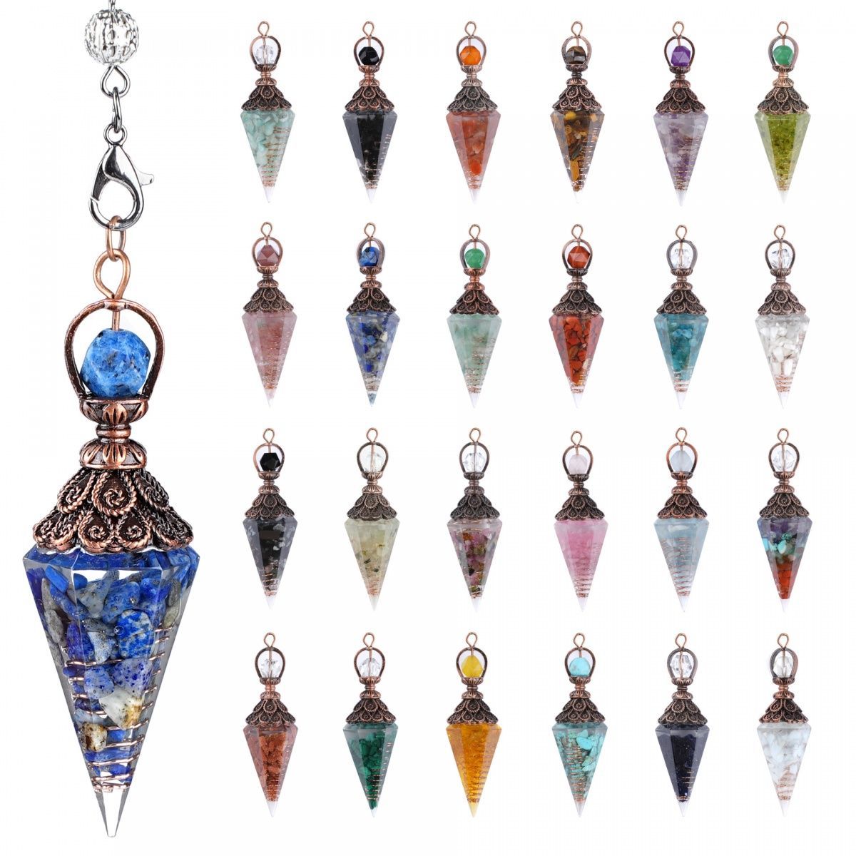 Cristal Pêndulo Cascalho Epóxi Cobre Antigo Ponta Única Hexagonal Cone Yoga Acessórios de Meditação Pêndulo de Freqüência Ajustável