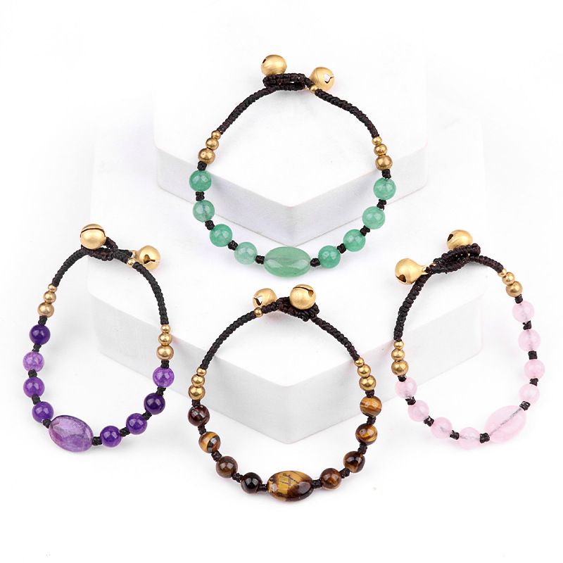 2048-Pulseira trançada de sino de cobre de ametista natural, pedra de olho de tigre em pó de cristal Dongling pulseira oval de jade.