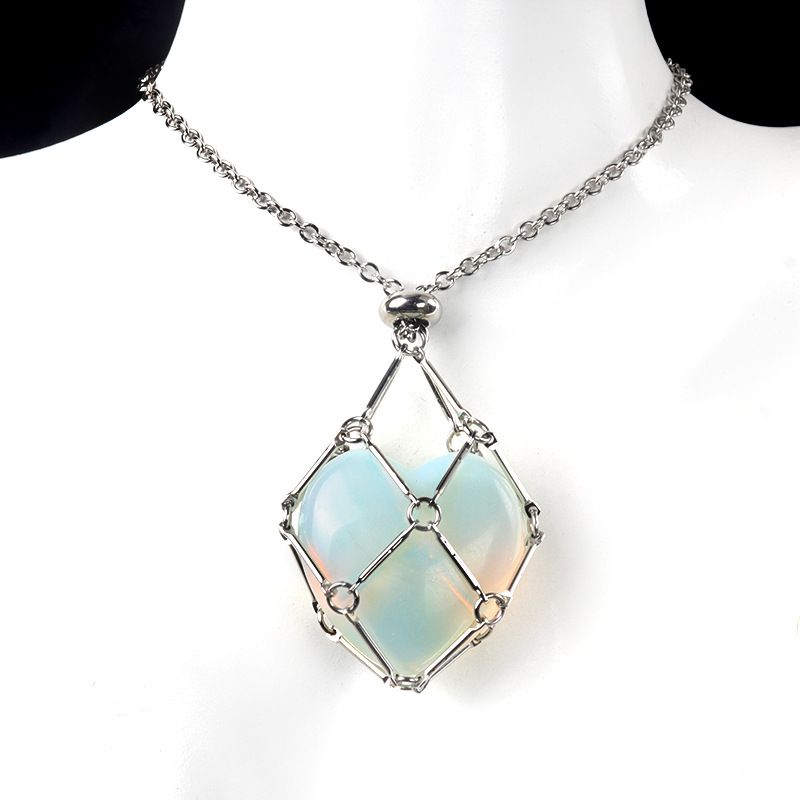 1737-Corrente de aço inoxidável de pedra de amor de ágata de cristal natural, pingente de bolso de malha de coração de bambu de metal
