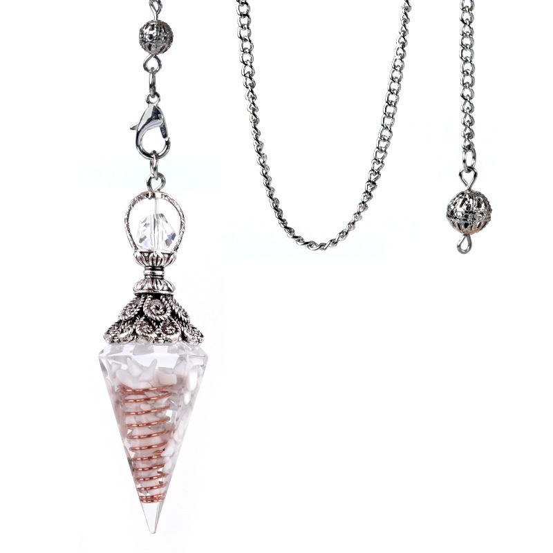 1924-Pêndulo de resina de cascalho colorido de cristal de prata antigo, pingente de cone hexagonal, transfronteiriço