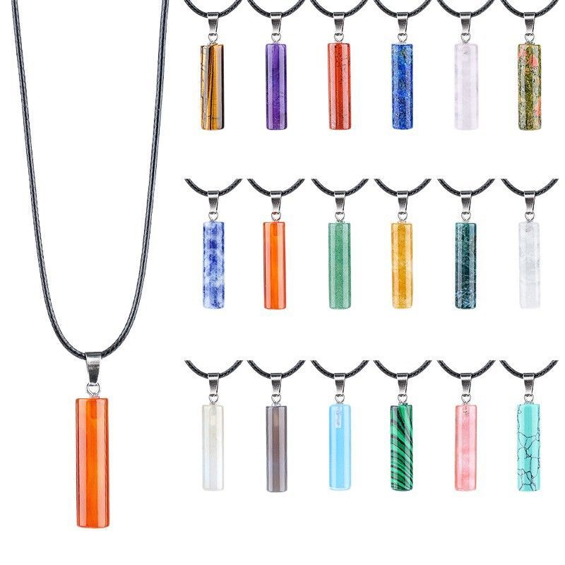 Colar cilíndrico de cristal natural 30Mm transfronteiriço europeu e americano estilo simples ágata escultura em pedra bruta pingente cilíndrico de pedra preciosa