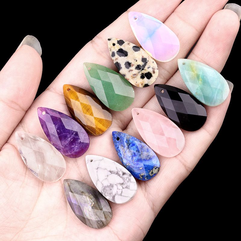 2062-Natural pó cristal ametista gota de água corte rosto DIY colar brincos pingente jóias pingente acessórios