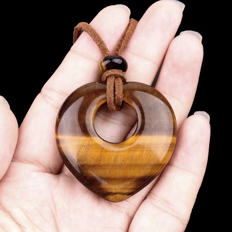 2042-Colar de amor oco de ametista natural, pingente de amor de pedra de olho de tigre de cristal em pó, joias de corrente de suéter em forma de coração.
