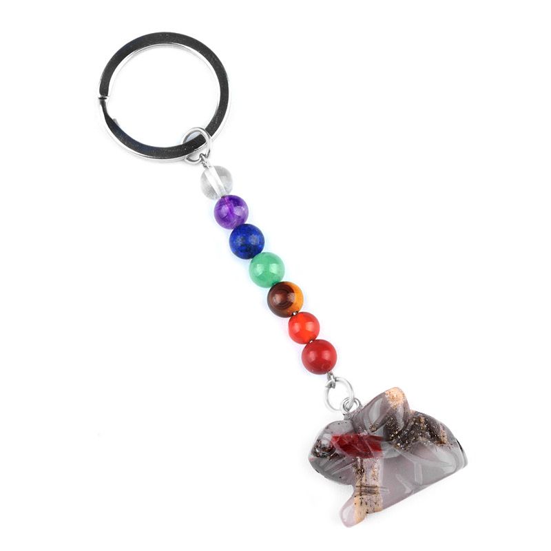 2011-Chaveiro de coelho de pedra de cristal colorido, pingente de jóias de chakra, pingente de chaveiro de animal pequeno.
