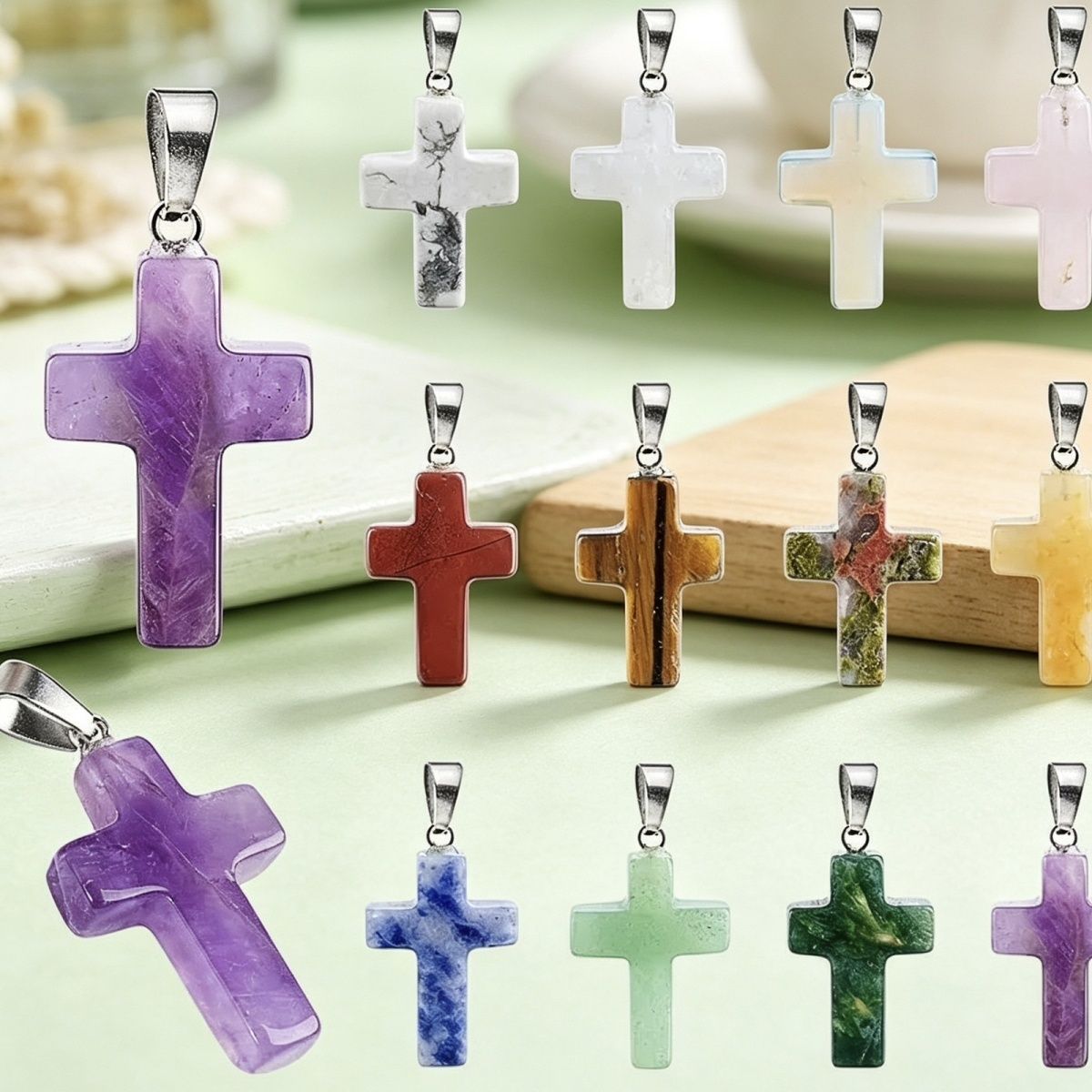 Pingente de cruz de cristal natural Acessórios de moda europeus e americanos pedra áspera polida colar de cruz de pedra semipreciosa