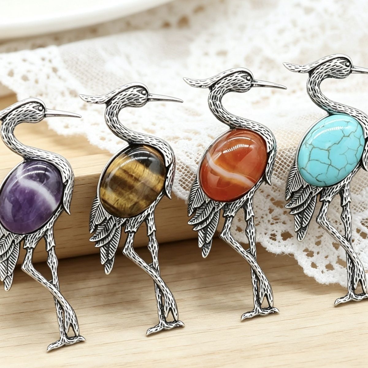 Pingente de broche incrustado de guindaste de coroa vermelha semi-preciosa de cristal natural de uso duplo, acessórios para jaqueta de alfinete de corsage