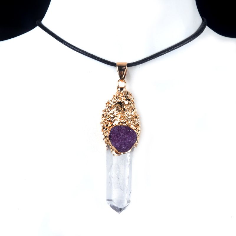1757-Cristal branco natural pilar de pedra áspera pingente dourado pilar de cristal irregular incrustado acessórios de colar multicolorido