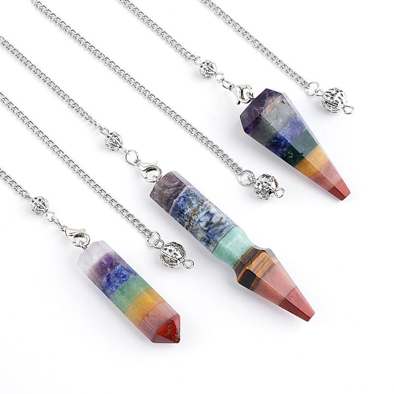 Pingente de pêndulo de pedra natural semipreciosa Pedra colorida emenda hexagonal cone yoga meditação frequência ajustável pêndulo de jade