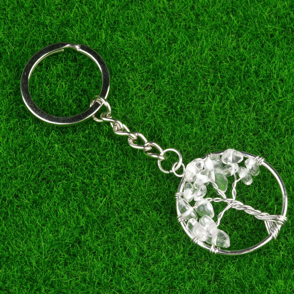 1699-Cabeça de pedra semi-preciosa de cristal natural Chaveiro da Árvore da Vida, pingente de pedra áspera tecido de cascalho, pingente de chaveiro.