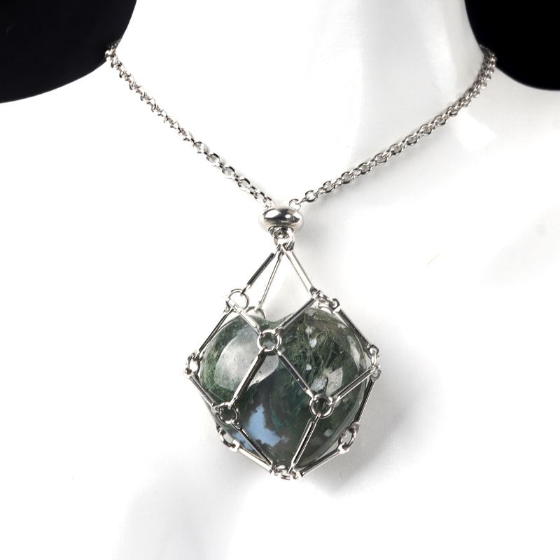 1737-Corrente de aço inoxidável de pedra de amor de ágata de cristal natural, pingente de bolso de malha de coração de bambu de metal
