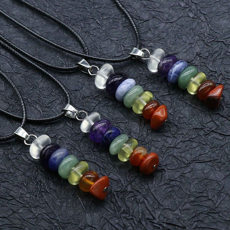 709-Colar de pedra de cristal colorido, pedra de ágata de cristal natural irregular pingente de pedra de 7 camadas com corda de couro