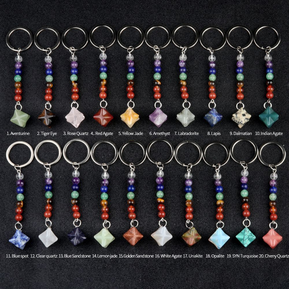 1937-Pedra colorida de cristal natural ágata Kaba chaveiro estrela, pingente de hexagrama tridimensional Merkaba.