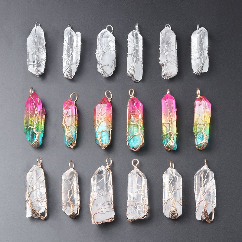 1618-Natural pilar de cristal branco enrolamento de seda Árvore da Vida pingente galvanoplastia colorido