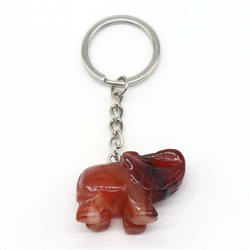 Pingente de chaveiro de elefante com cabeça de ágata de cristal natural, pingente de bolsa de elefante gravada tridimensional.