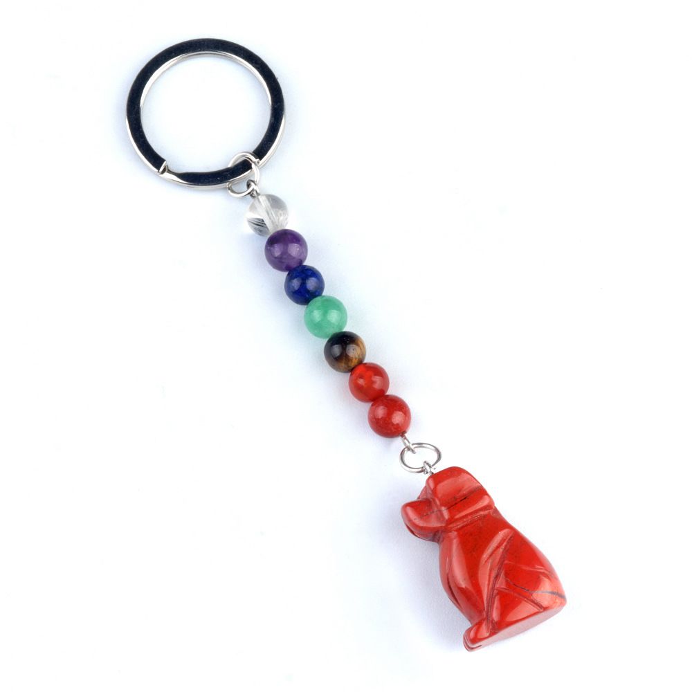 1958-Chaveiro de cachorro de pedra de cristal colorido, pingente de jóias de chakra, pingente de chaveiro de animal pequeno