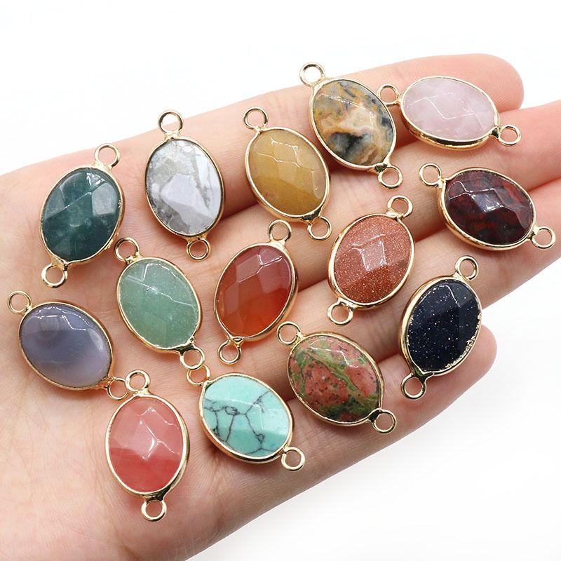 1379-Pingente de seção de bainha oval de ágata de cristal natural colar colar de furo duplo acessórios pulseira módulo