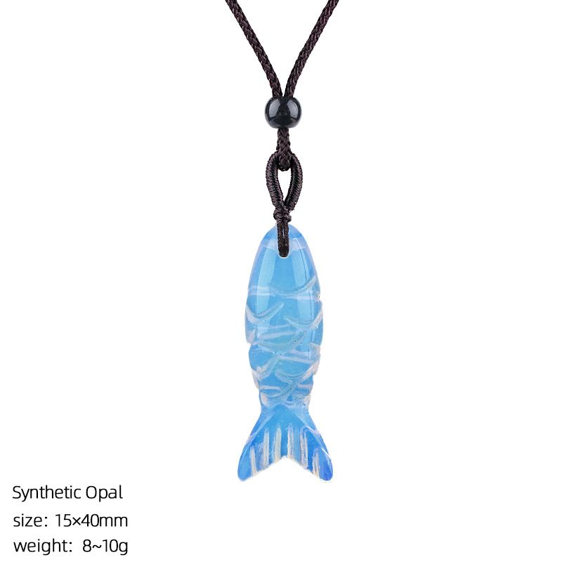 Colar de peixe pequeno de pedra semi-preciosa natural de 40Mm, colar de corda trançada ajustável, pingente de peixe pequeno de ágata tridimensional com gravura em pedra ágata.