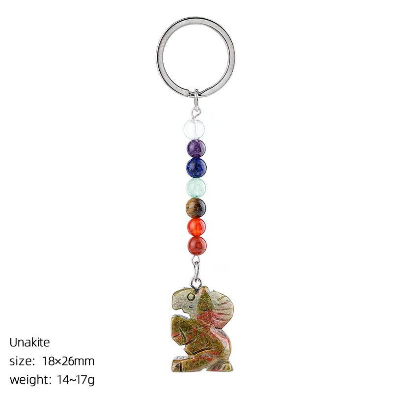 Chaveiro de pônei de jade natural, acessórios de chakra de contas redondas coloridas, pingente de pônei de ágata de cristal gravado.