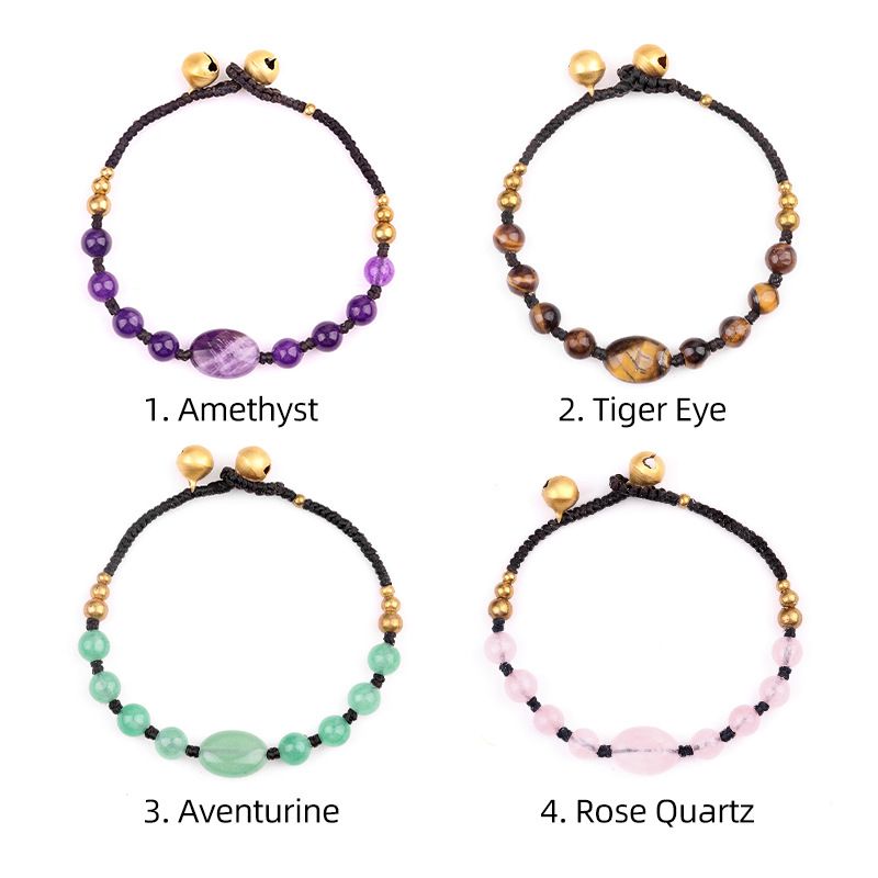 2048-Pulseira trançada de sino de cobre de ametista natural, pedra de olho de tigre em pó de cristal Dongling pulseira oval de jade.