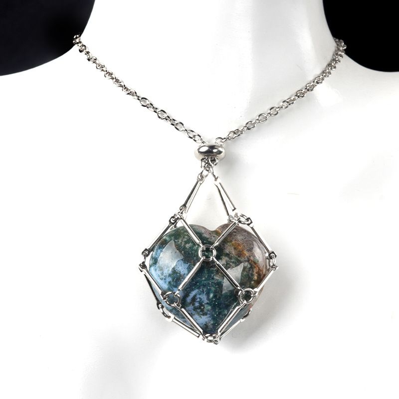 1737-Corrente de aço inoxidável de pedra de amor de ágata de cristal natural, pingente de bolso de malha de coração de bambu de metal