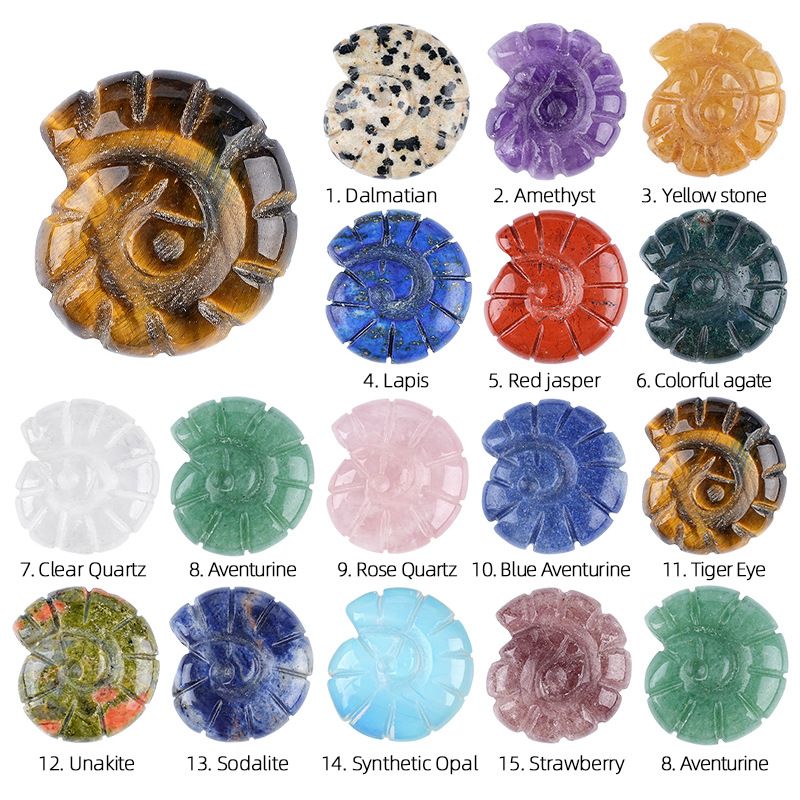 2422 Concha de cristal natural gravura tridimensional dupla face ornamento de micro-paisagem doméstica em forma de caracol concha de gema não porosa