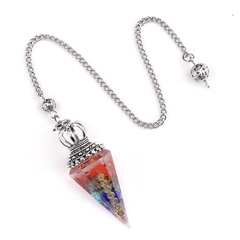 2122-Pêndulo de cascalho de cristal natural colorido bronze prata resina de ouro símbolo de sete veias pêndulo de cone hexagonal