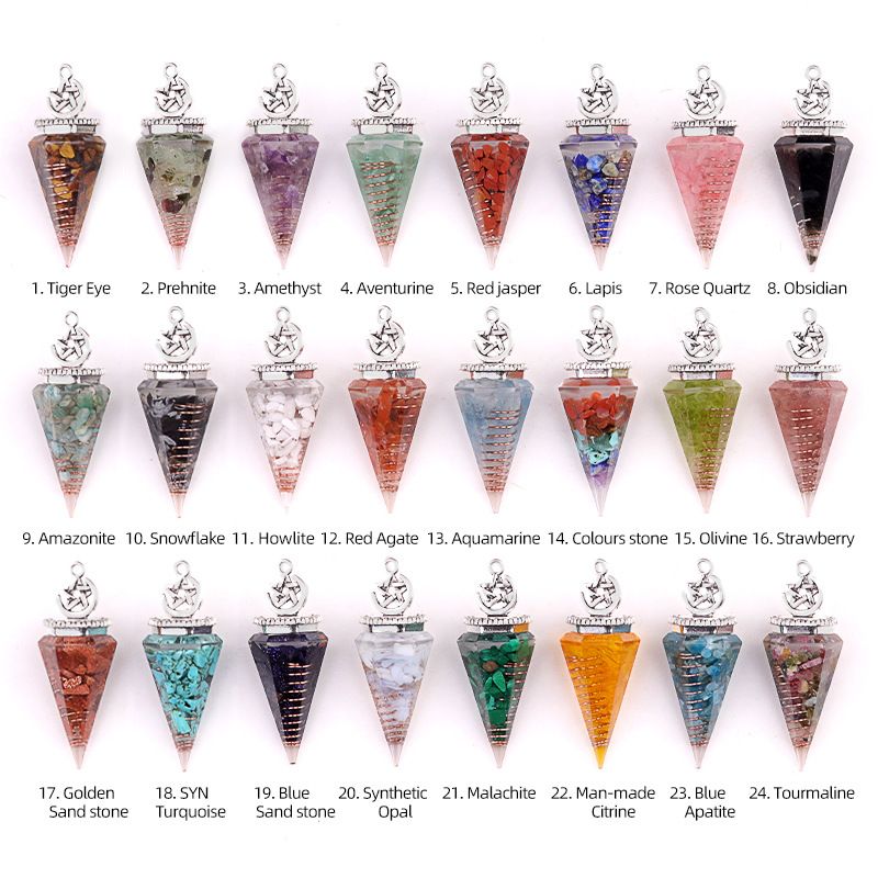2138-Star-Moon Hexagonal Cone Cristal Ágata Pedra Semi-preciosa Resina de Cascalho Pingente de Pêndulo
