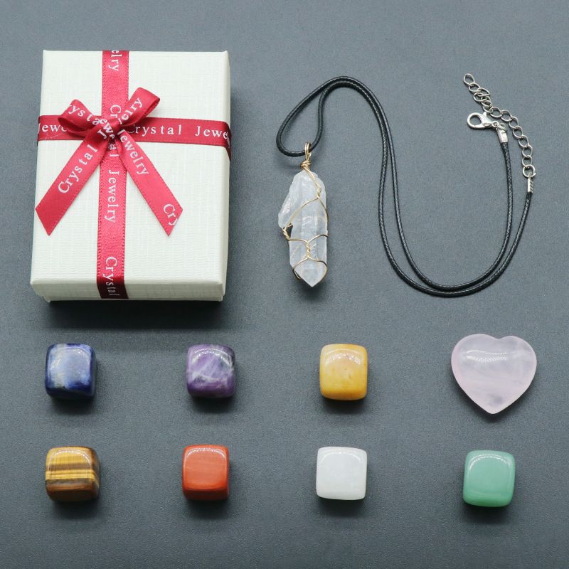 1559-Conjunto de cristal de sete veias de ioga, cristal rosa Love Crystal Pillar Yoga Stone presente em caixa colorida de sete veias