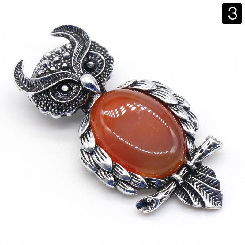 1208-Coruja gem Broche de Cristal Natural Coruja Broche, Alloy Set Pingente de Pedra Preciosa Pin