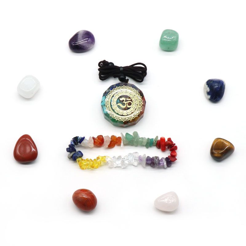 1538-Conjunto de cristal de sete veias de ioga Pulseira de cascalho de cristal colorido, colar epóxi, irregular 8 peças