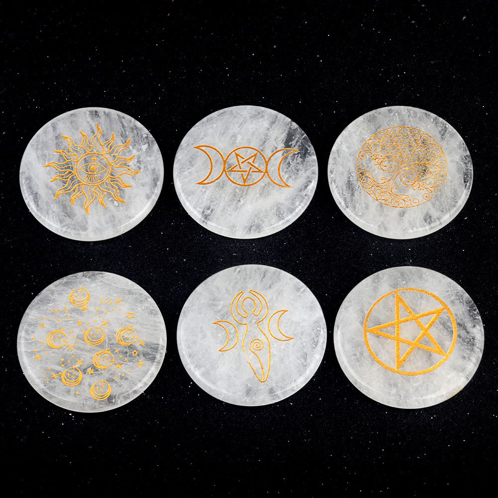 1921-Cristal branco 55mm redondo plano gravura árvore da vida estrelas lua pedra almofada enfeite de artesanato DIY
