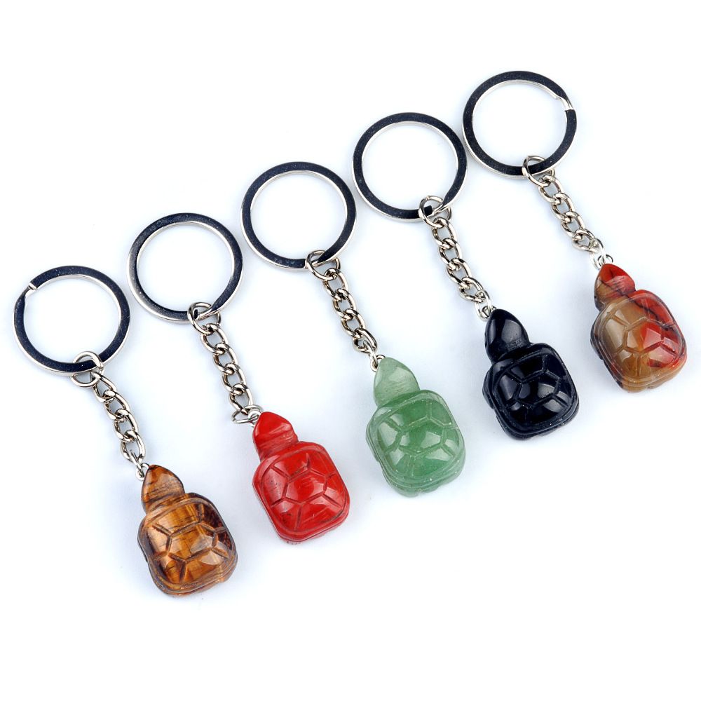 1944-Chaveiro de tartaruga pequena, agate de cristal pingente de chave de animal gravado em pedra semipreciosa