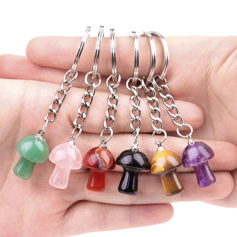 1324-Pedra de cristal natural de ágata 2cm pequeno cogumelo chaveiro pingente bonito saco de jóias pingente pequeno presente