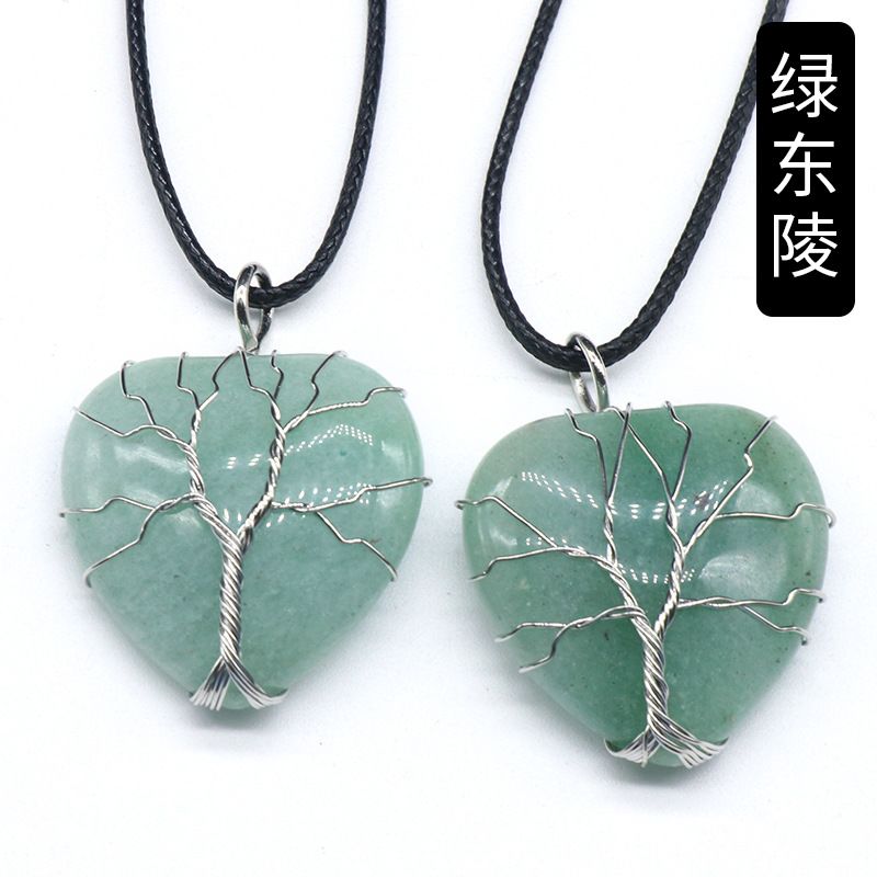Pingente de árvore da vida de cristal em pó, verde Dongling ametista pedra amor enrolamento colar de árvore da vida de seda