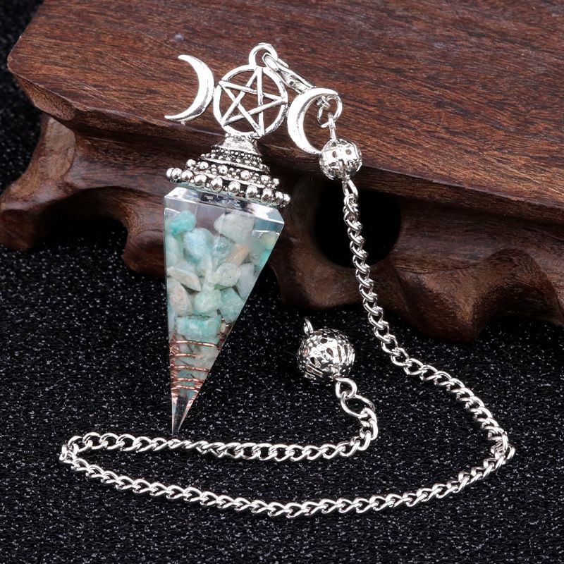 1690-Lua trifásica colorido cascalho resina cristal pedra preciosa hexagonal cone pêndulo, pingente de chakra